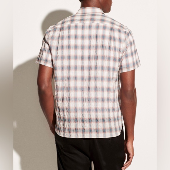 Vince Shadow Plaid Short Sleeve Shirt in Off White/Palisades Blue - Picture 2 of 14